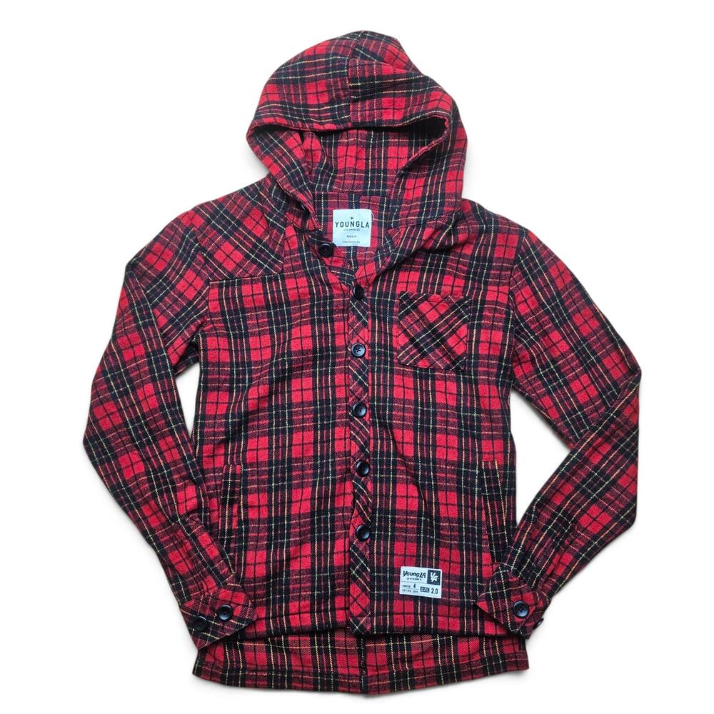 YOUNGLA Hooded Flannel Shirt Jacket Men's M Plaid Wool Blend Shacket Version 2.0